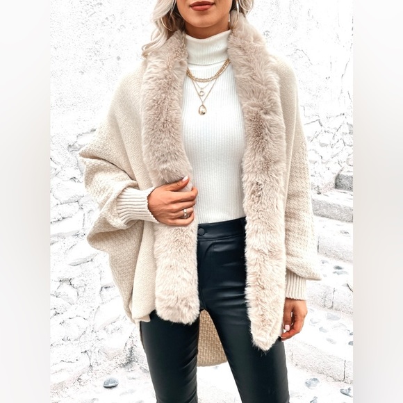 402Luxe Sweaters - Fur Trim Luxury Open Front Dolman Sleeve Cardigan Jacket